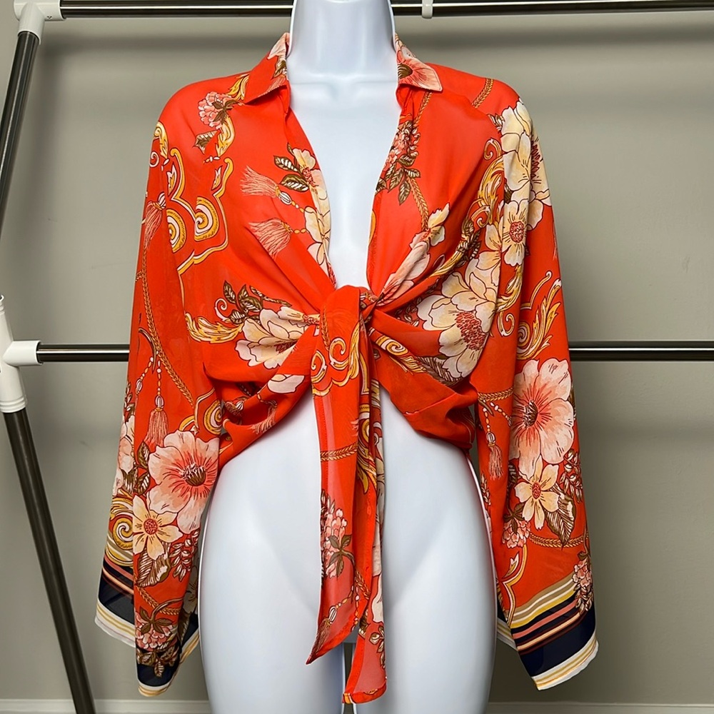 Floral Print Sheer Tie-Front Blouse